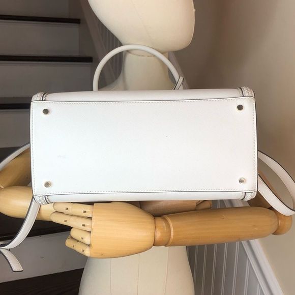 KATE SPADE White Leather Rattan Two Top Handle Tote Zipper Closure Crossbody Bag - Picture 6 of 17